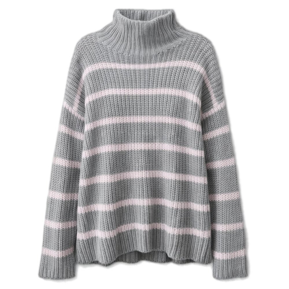 Caslon Mock Neck Sweater Small Gray Pink Stripe Chunky Knit NWT Oversized